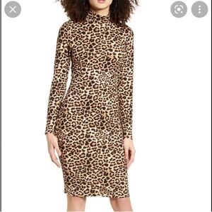 Leith Leopard Print Mock Neck Long Sleeve Bodycon Dress Tan Concord SZ XS